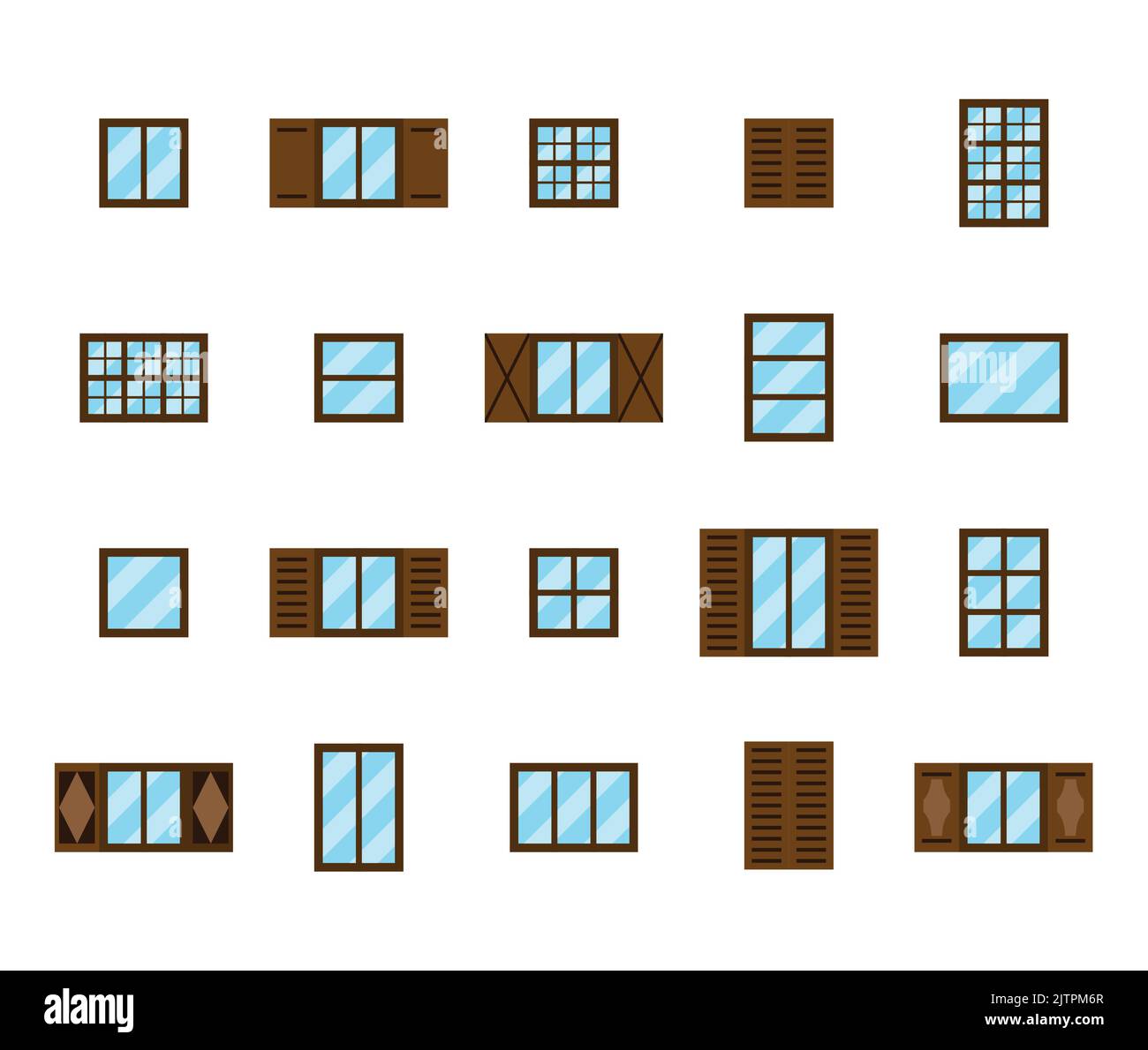 Set of flat compatible house windows in the same style and size isolated on white background. Stock Vector