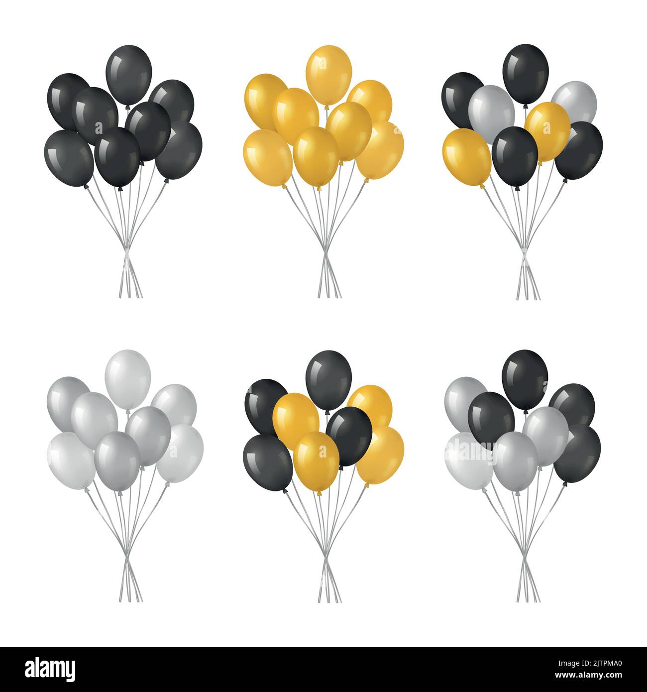 Bunches of black, golden, silver helium balloons isolated on white ...