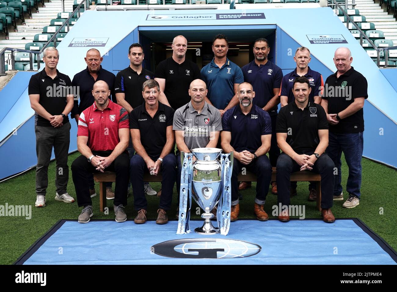 (left to right, back to front) Newcastle Falcons head coach Dave Walder, Worchester Warriors head coach Steve Diamond, Bath Rugby head of rugby Johann van Graan, Wasps’ head coach Lee Blackett, Harlequins head coach Tabai Matson, Bristol Bears director of rugby Pat Lam, Saracens director of rugby Mark McCall, London Irish director of rugby Declan Kidney, Glouchester Rugby head coach George Skivington, Exeter Rugby director of rugby Rob Baxter, Leicester Rugby head coach Steve Borthwick, Sale Rugby director of rugby Alex Sanderson, and Northampton Saints director of rugby Phil Dowson during the Stock Photo