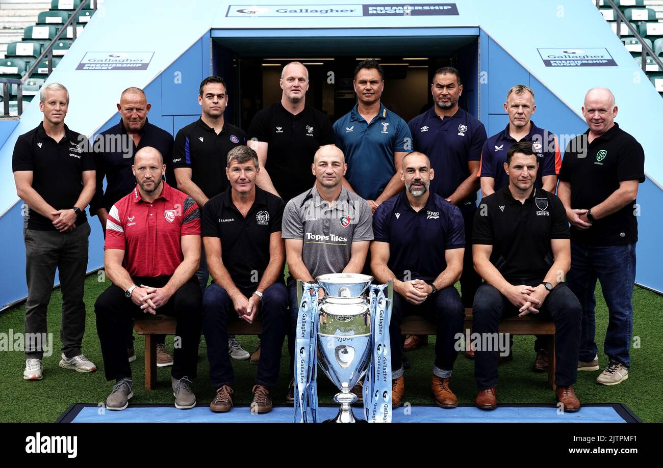 (left to right, back to front) Newcastle Falcons head coach Dave Walder, Worchester Warriors head coach Steve Diamond, Bath Rugby head of rugby Johann van Graan, Wasps’ head coach Lee Blackett, Harlequins head coach Tabai Matson, Bristol Bears director of rugby Pat Lam, Saracens director of rugby Mark McCall, London Irish director of rugby Declan Kidney, Glouchester Rugby head coach George Skivington, Exeter Rugby director of rugby Rob Baxter, Leicester Rugby head coach Steve Borthwick, Sale Rugby director of rugby Alex Sanderson, and Northampton Saints director of rugby Phil Dowson during the Stock Photo