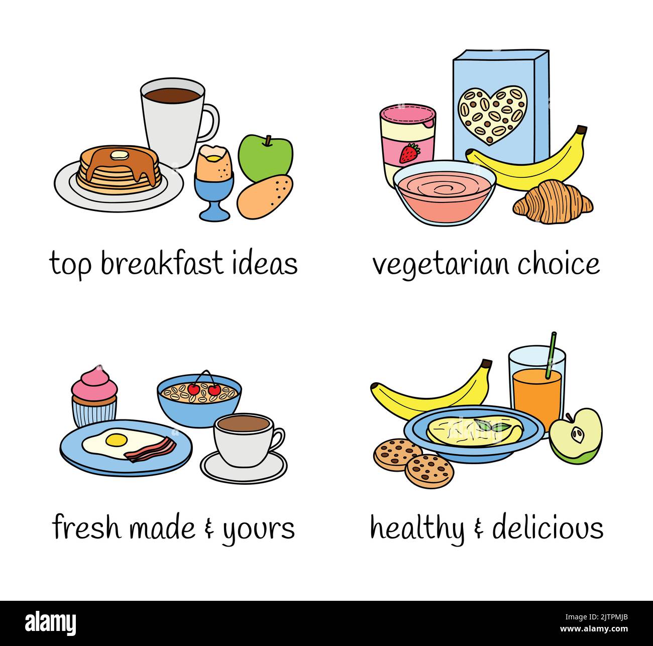 Different variations of breakfast isolated on white background. Vector