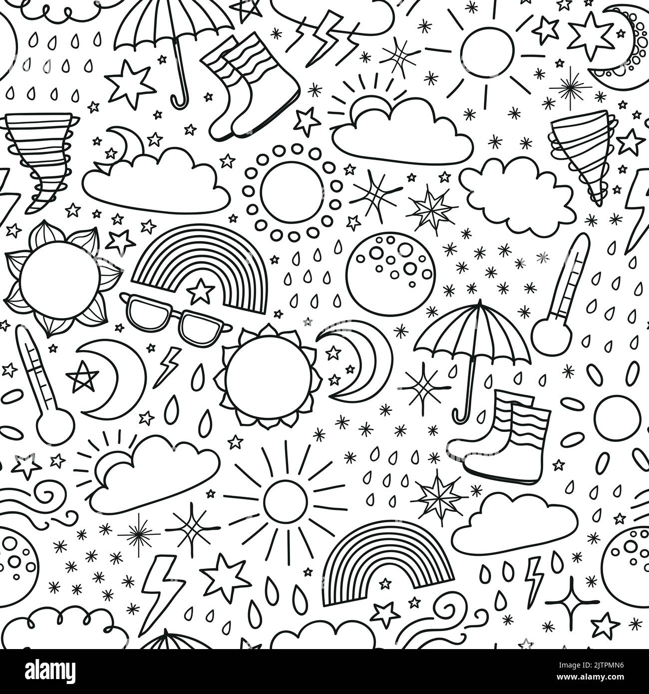 Black and white seamless pattern with outline doodle weather items ...