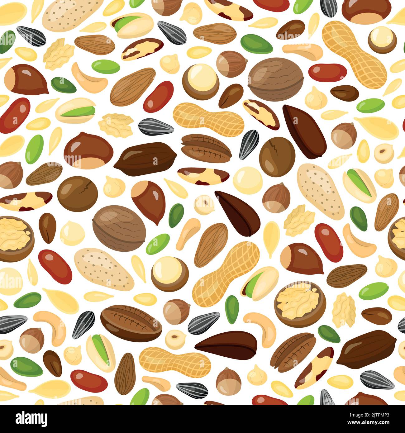 Seamless pattern with different cartoon glossy nuts. Stock Vector