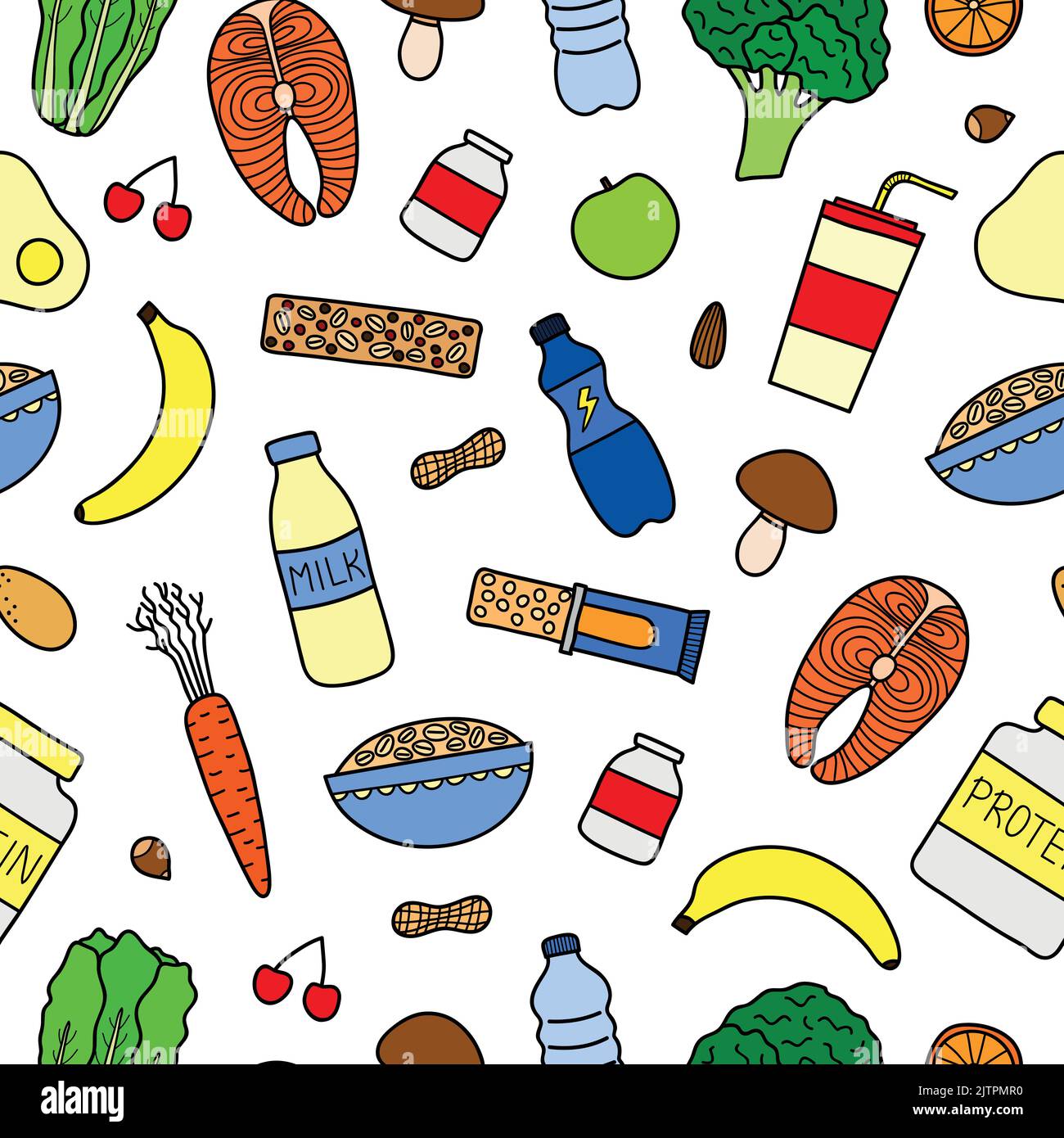 Seamless pattern with colorful hand drawn sport nutrition healthy items. Stock Vector