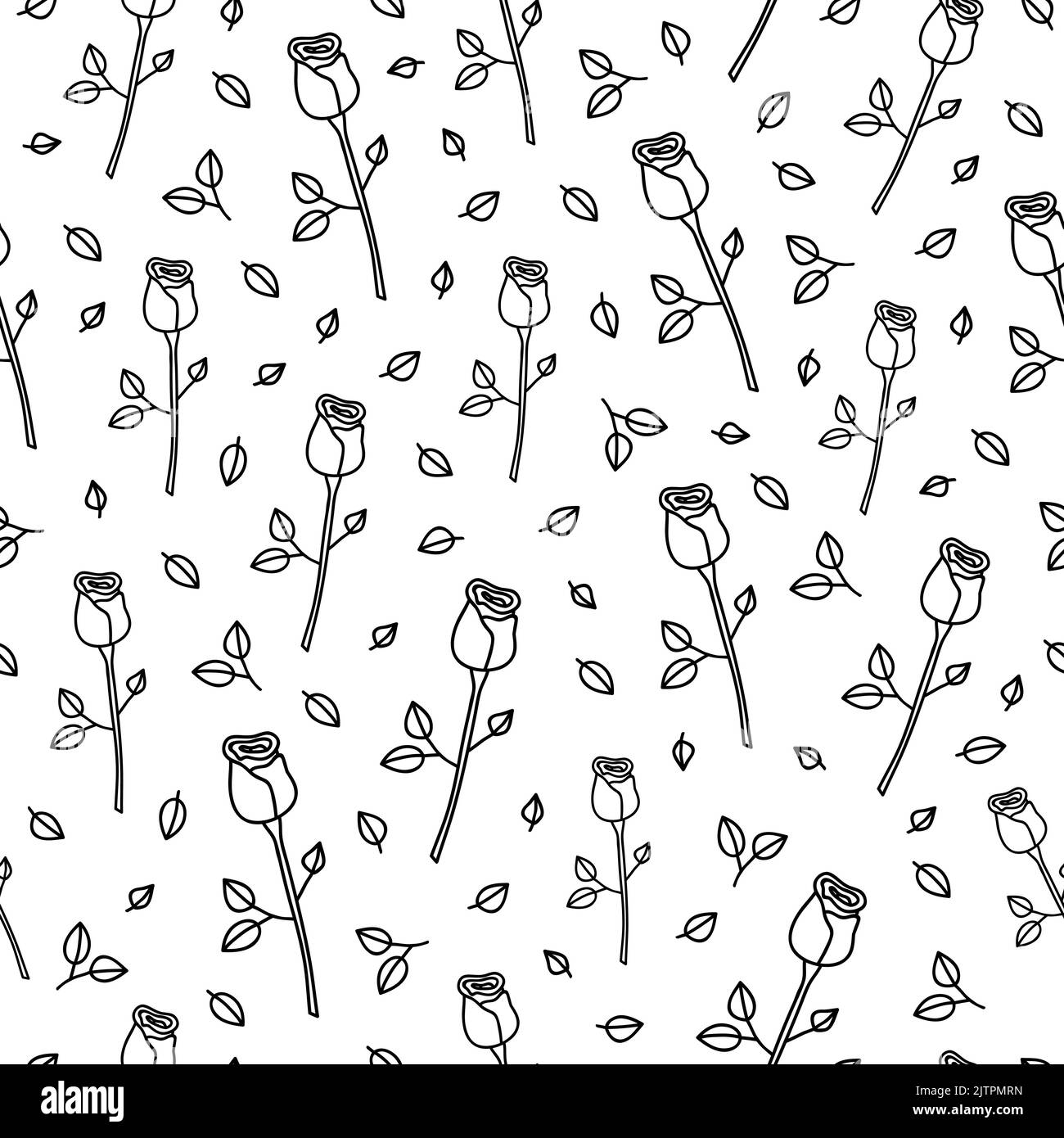 Black and white seamless pattern with outline roses, leaves Stock ...