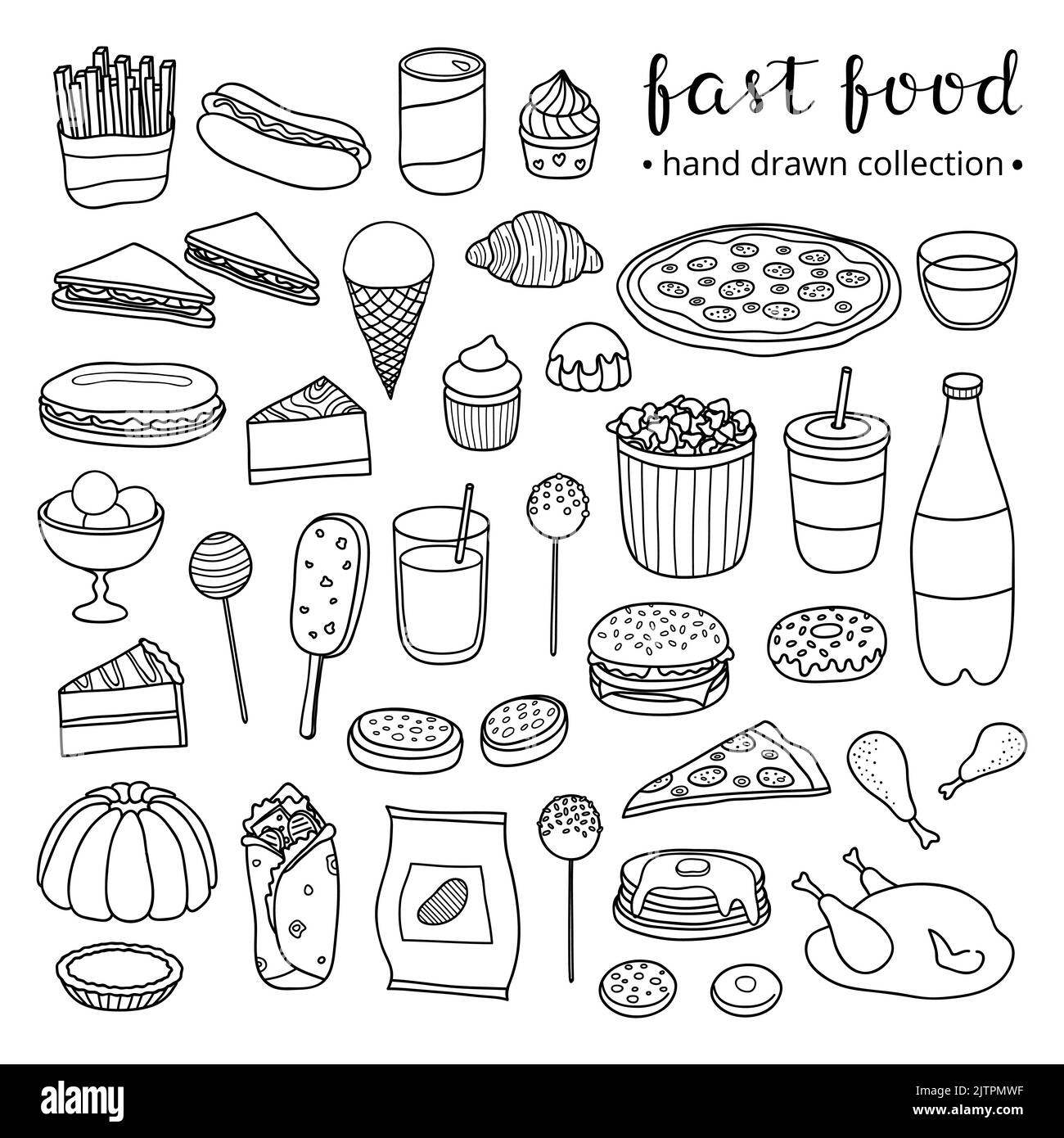 Collection of hand drawn outline fast food meals including pizza, burger, ice cream, cake, hot dog, chicken, burrito, popcorn, lemonade, chips, fries, Stock Vector