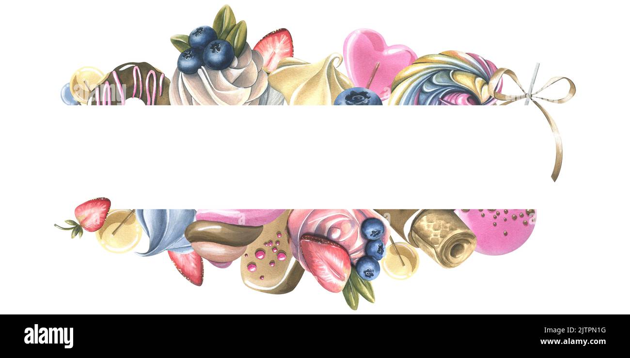 Horizontal board with sweets, donuts, cakes, cupcakes, lollipops, marshmallows. Watercolor