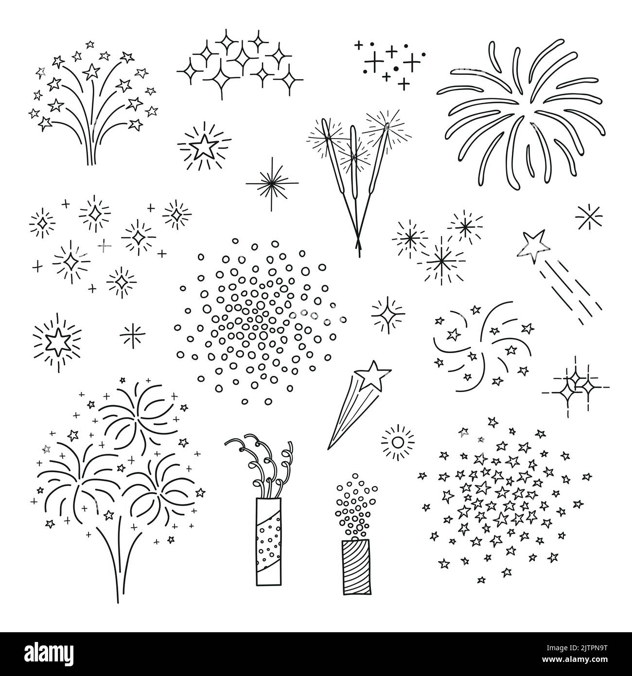 Set of different doodle fireworks and petards isolated on white background. Stock Vector