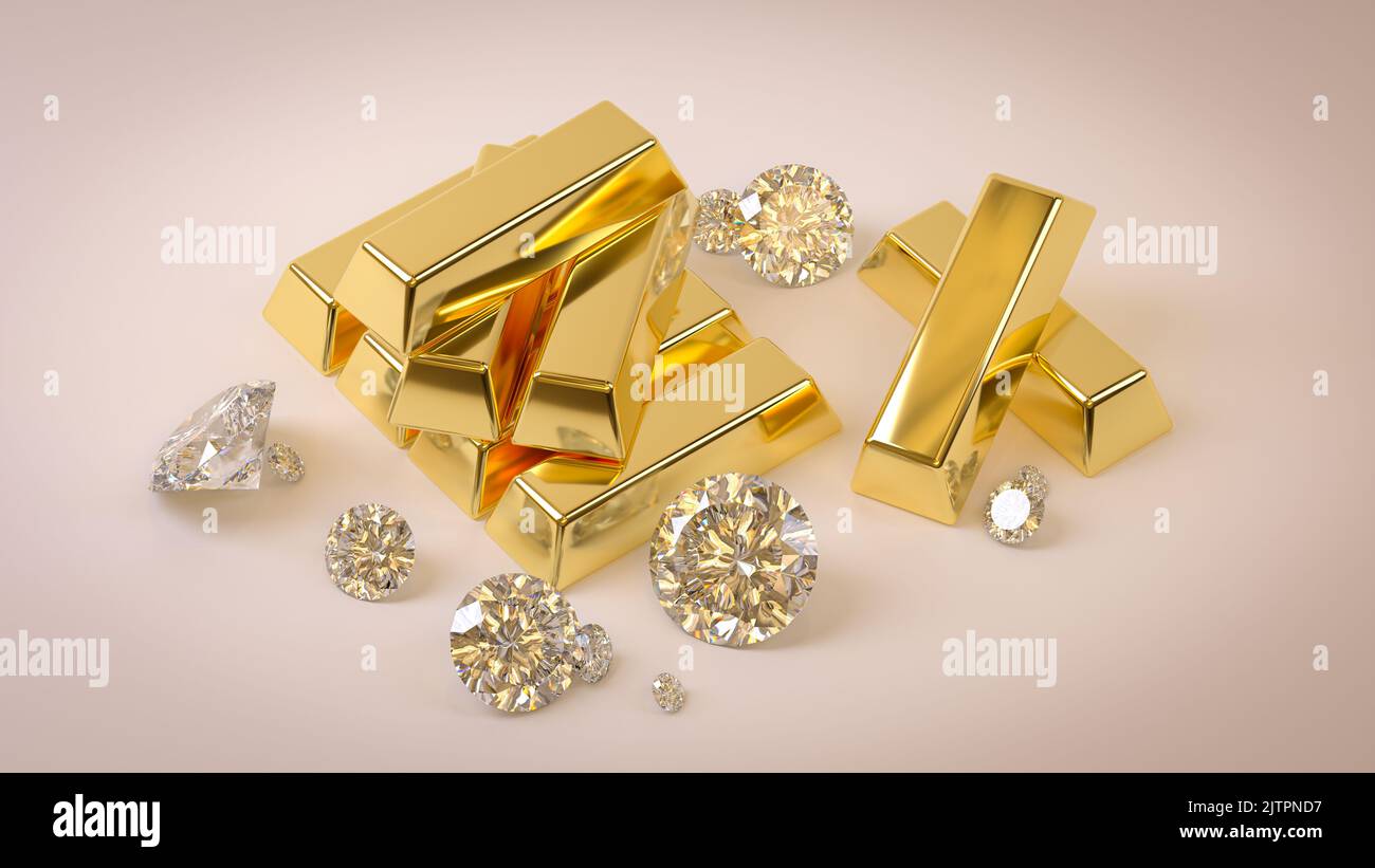 pile of shiny gold bars and luxury diamonds 3d render of precious