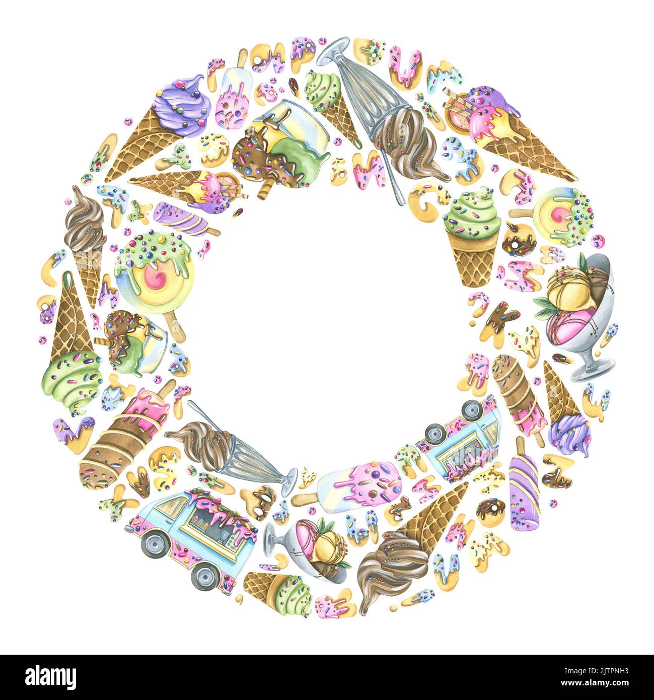 A round frame of ice cream in cups, waffle cones, popsicles, food