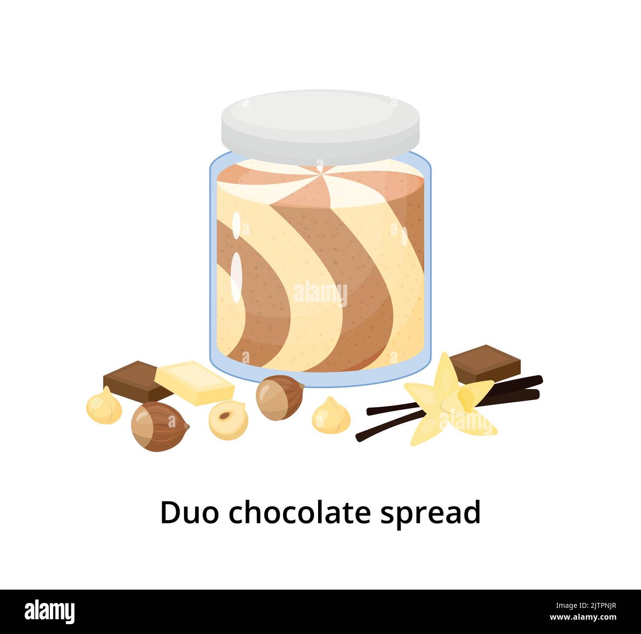 Cartoon duo chocolate spread with hazelnuts and vanilla flower isolated