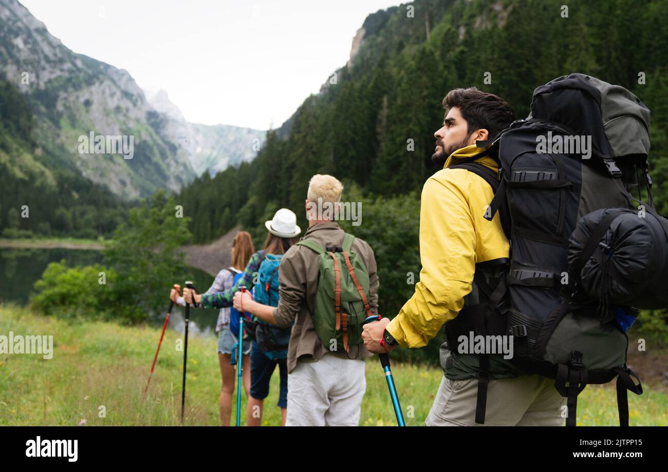 Group of friends on a hiking, camping trip in the mountains Stock Photo Alamy