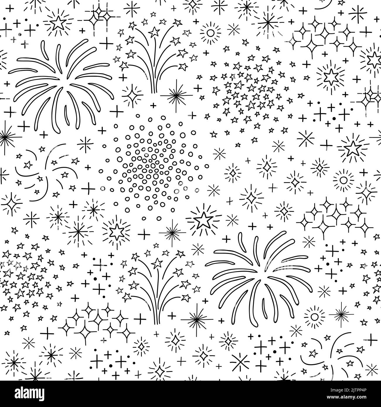 black and white seamless pattern with doodle outline fireworks and petards. Stock Vector