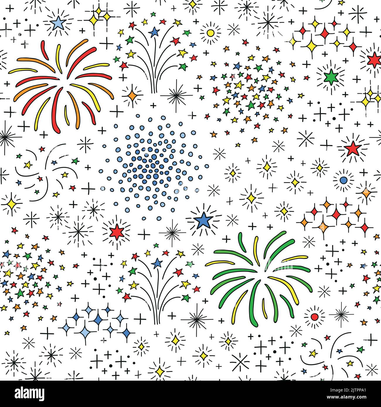 Seamless pattern with colorful doodle fireworks and petards. Stock Vector