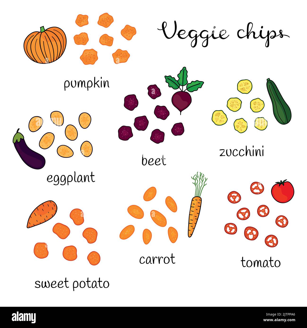 Different doodle colorful veggie chips including pumpkin, eggplant