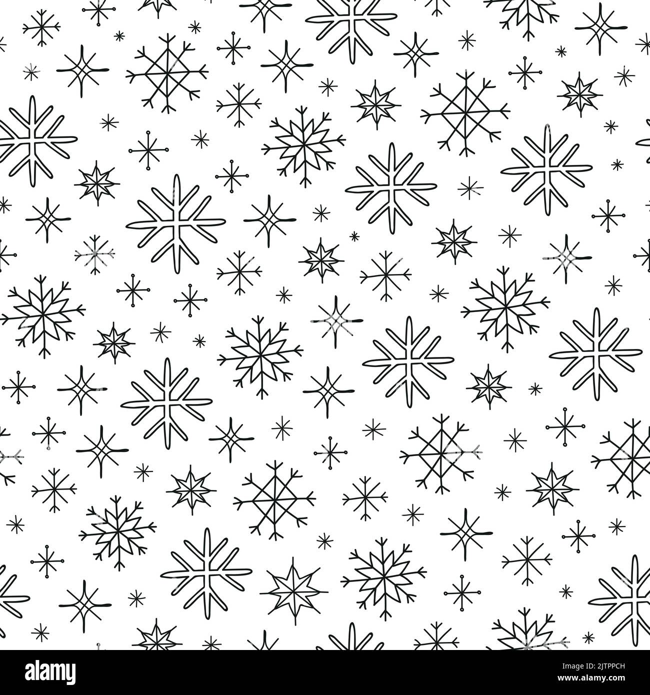 Black and white seamless pattern with different doodle snowflakes. Stock Vector