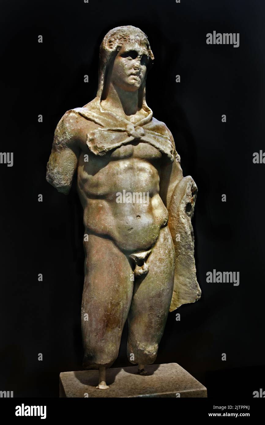 Heracles covered with a lion's skin. He was holding the mallet in his right hand. Penteli marble. 350-325 B.C. IV century B.C.  Located near the Church of Agia Eirini, National Archaeological Museum in Athens. Greece Stock Photo