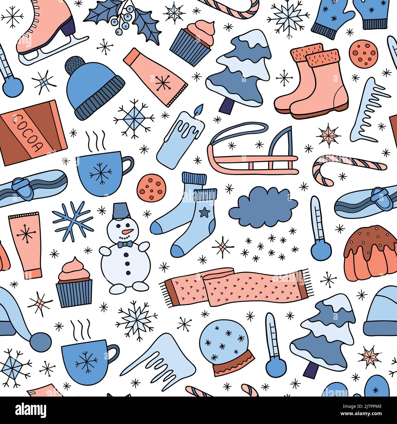 Seamless pattern with doodle colorful winter items. Stock Vector
