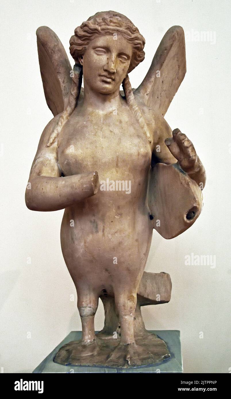 Funerary statue of a Siren, 4th cent. B.C,  Pentelic marble, Ancient cemetery of Kerameikos, Athens. The Siren, with its wings raised, laments the dead man, playing a lyre made of a tortoise shell.  National Archaeological Museum in Athens. Stock Photo