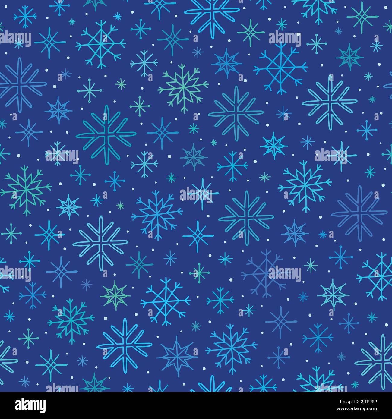 Blue seamless pattern with different doodle snowflakes. Stock Vector