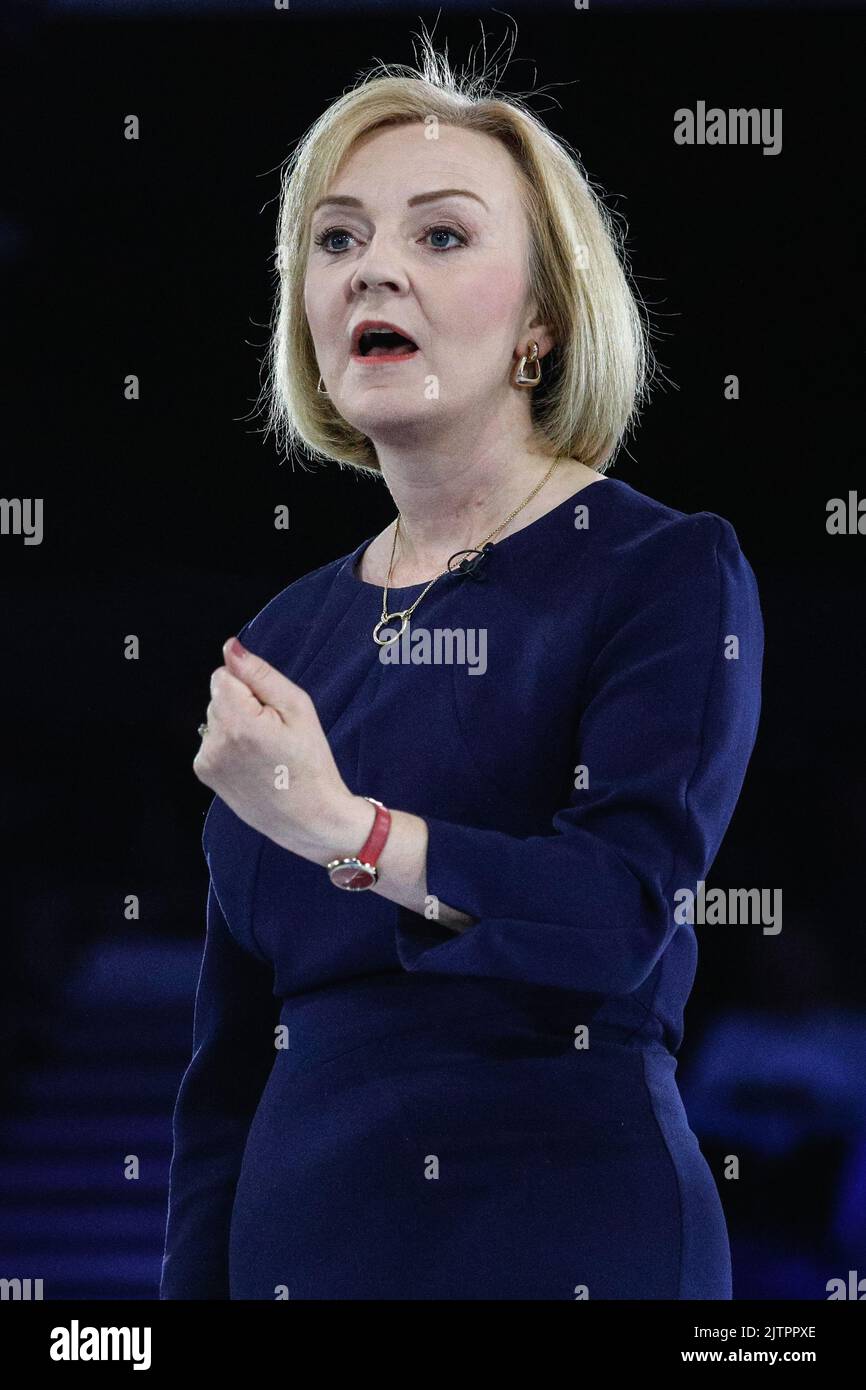London, UK. 31st Aug, 2022. Liz Truss, Foreign Secretary and currently leading the polls to become the next PM. The final hustings in the Conservative Party leadership race, held at Wembley Arena, sees Liz Truss and Rishi Sunak compete to lead the party and become the next Prime Minister. Credit: Imageplotter/Alamy Live News Stock Photo
