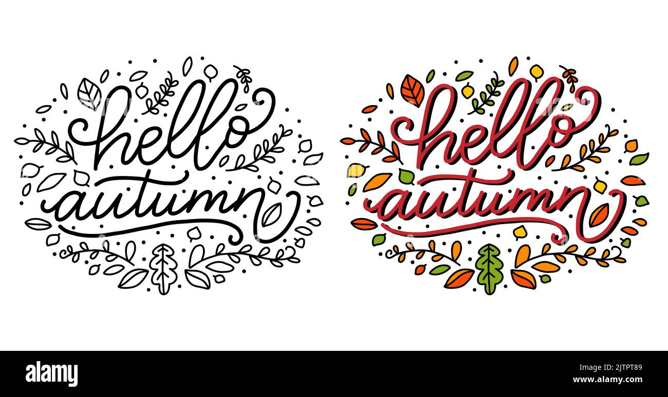 Hello Fall Lettering Template Hello autumn isolated lettering phrases with doodle elements. Autumn ...