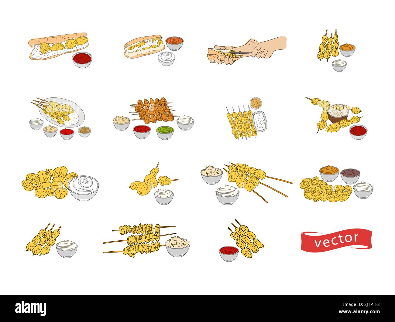 Mussels Design Fried mussels hand drawn vector design. Fast food menu design elements ...