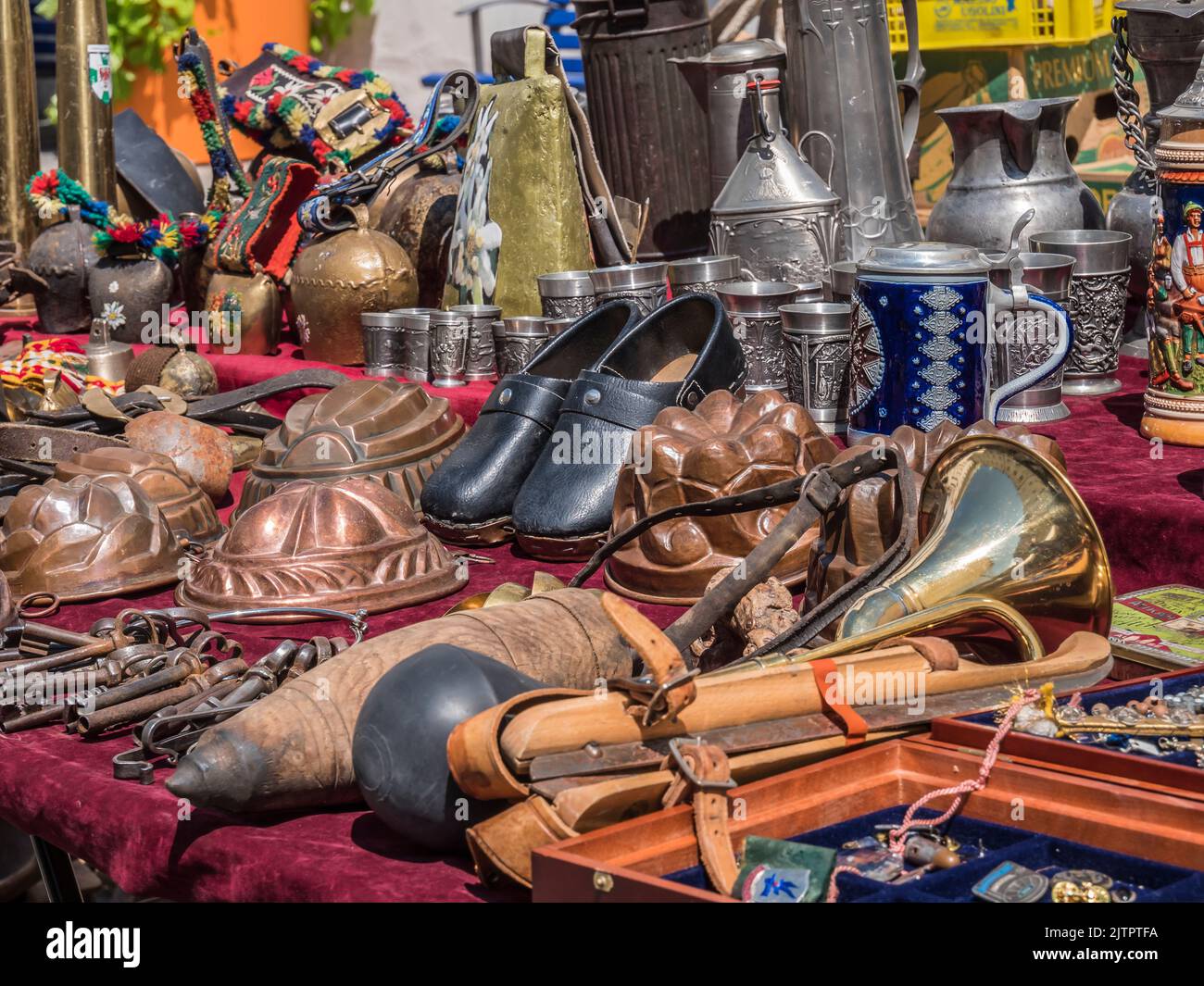 This street scene image is of the flea market antique fair held every Saturday in the old medieval city of Innsbruck, provincial capital city of Tirol Stock Photo