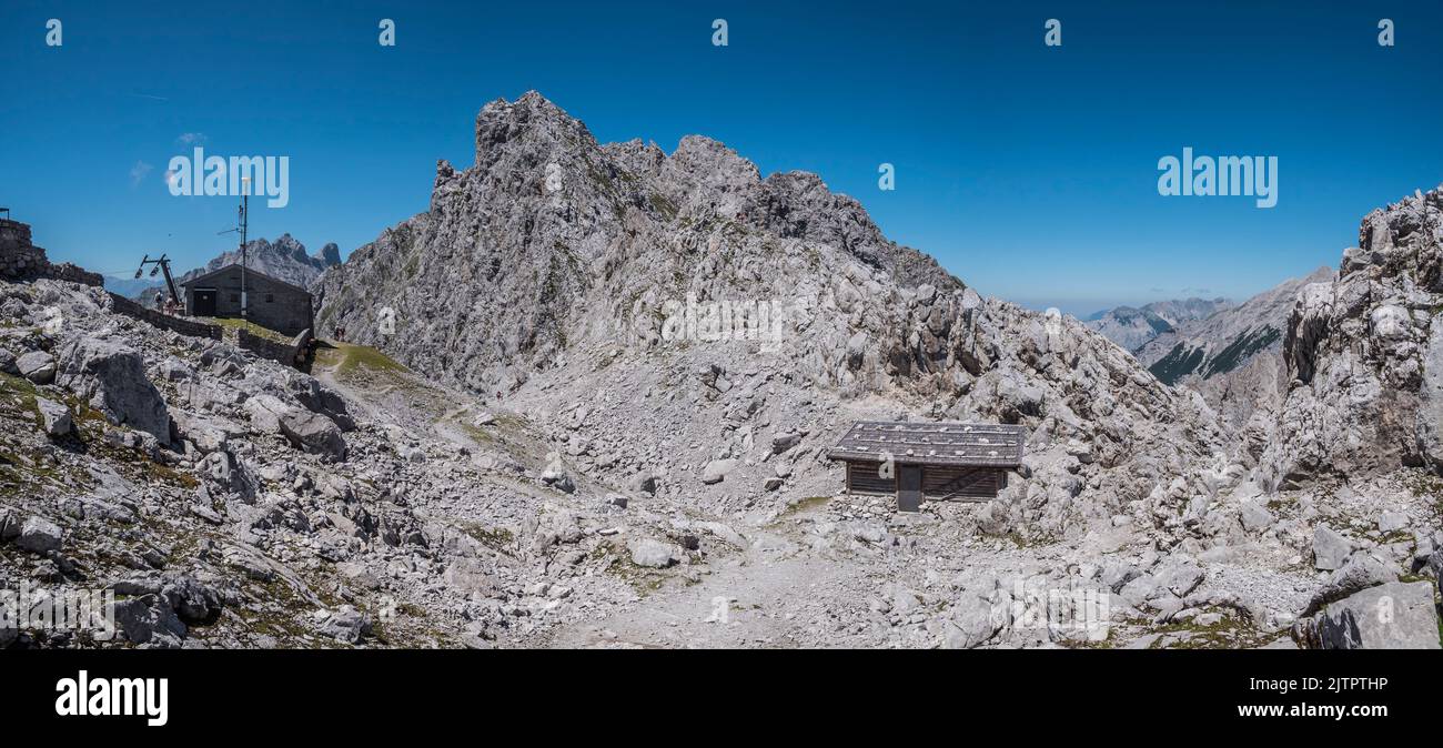 This image is from the Nordkettenbahn and the top of the Hafelekar Spitze for the overview of the city of Innsbruck in the Austrian Tirol Stock Photo
