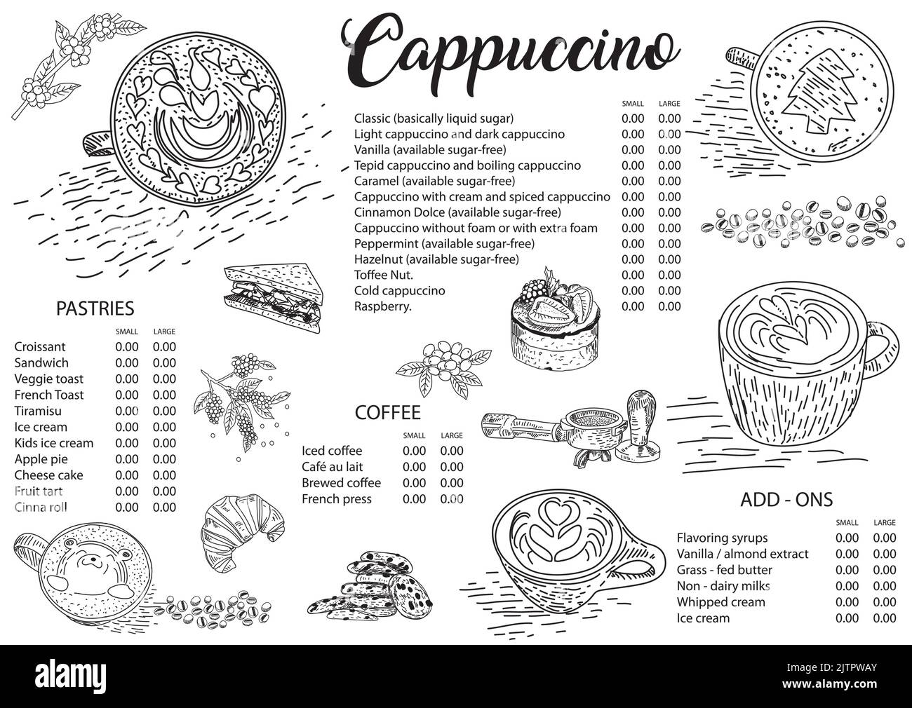 Cappuccino coffee menu design template. Coffee restaurant menu. Vector
