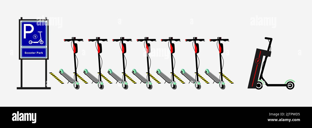 Electric scooter, parking and charging station. Eco-Friendly Transport For Moving Around The City. Vector. Stock Vector
