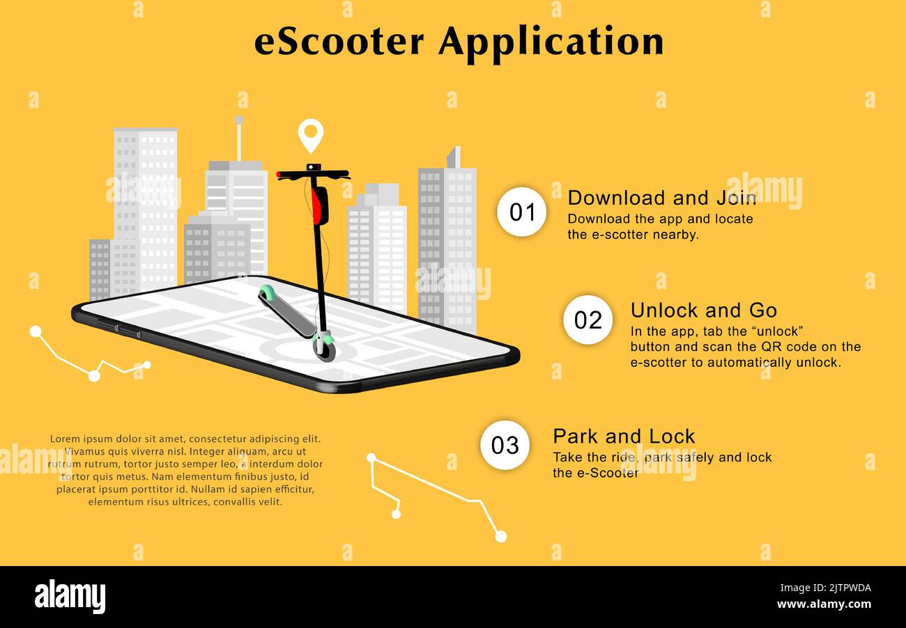 e-scooter and rental app. Mobile user interface for electric scooter sharing service. Vector. Stock Vector
