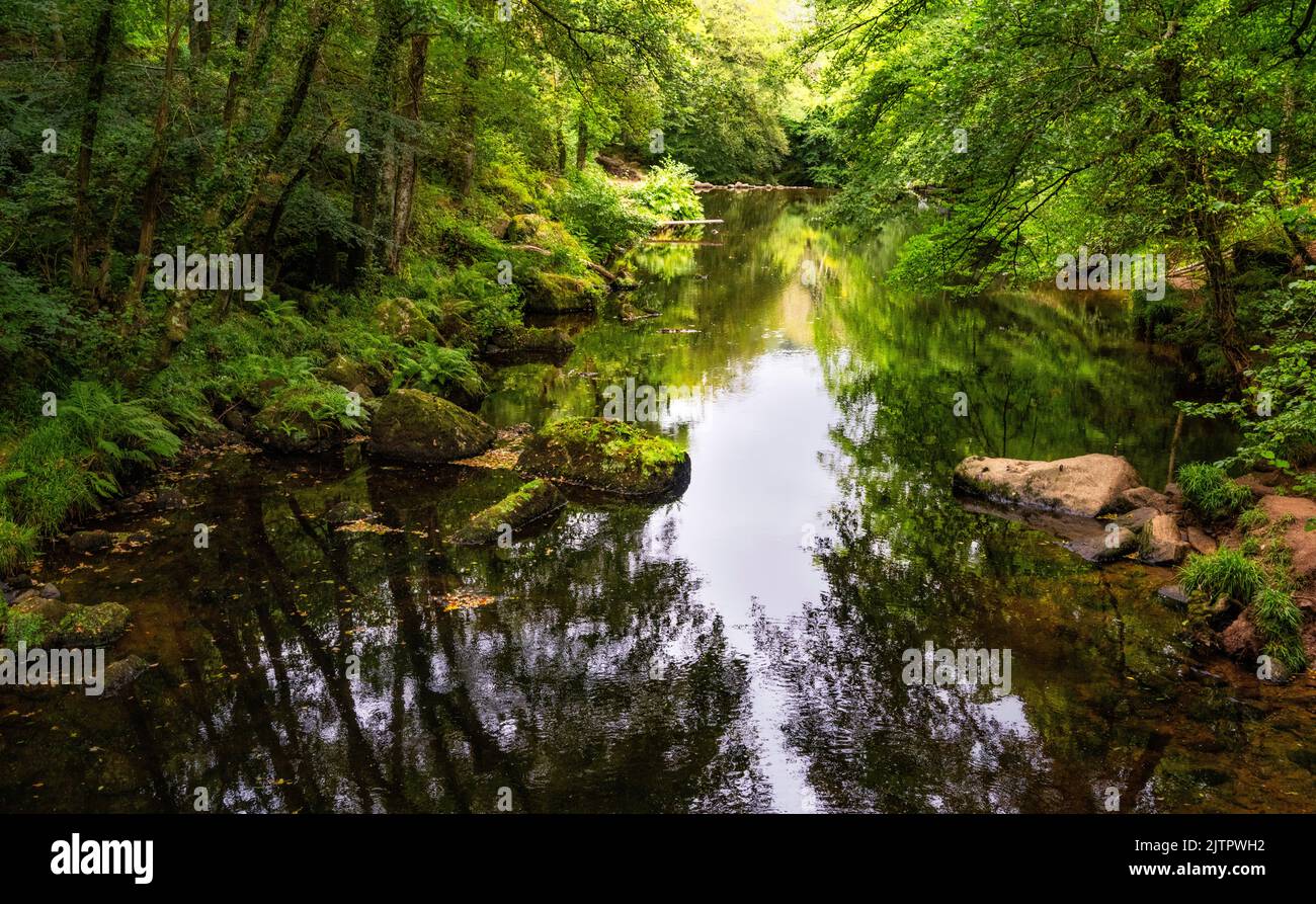 View of the River Teign, seen from a footbridge below Hunter's Tor near Castle Drogo. Stock Photo