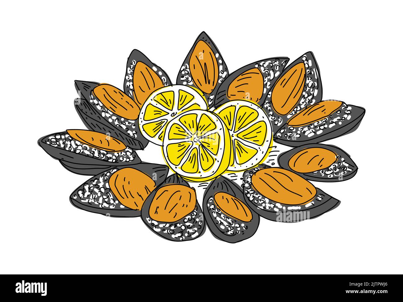 Street food. Stuffed mussels. Heap of mussels in shells stuffed with