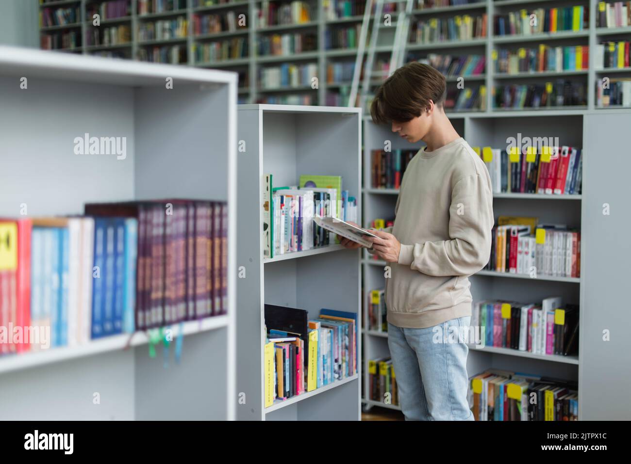 teenage student reading book near racks in library,stock image Stock ...