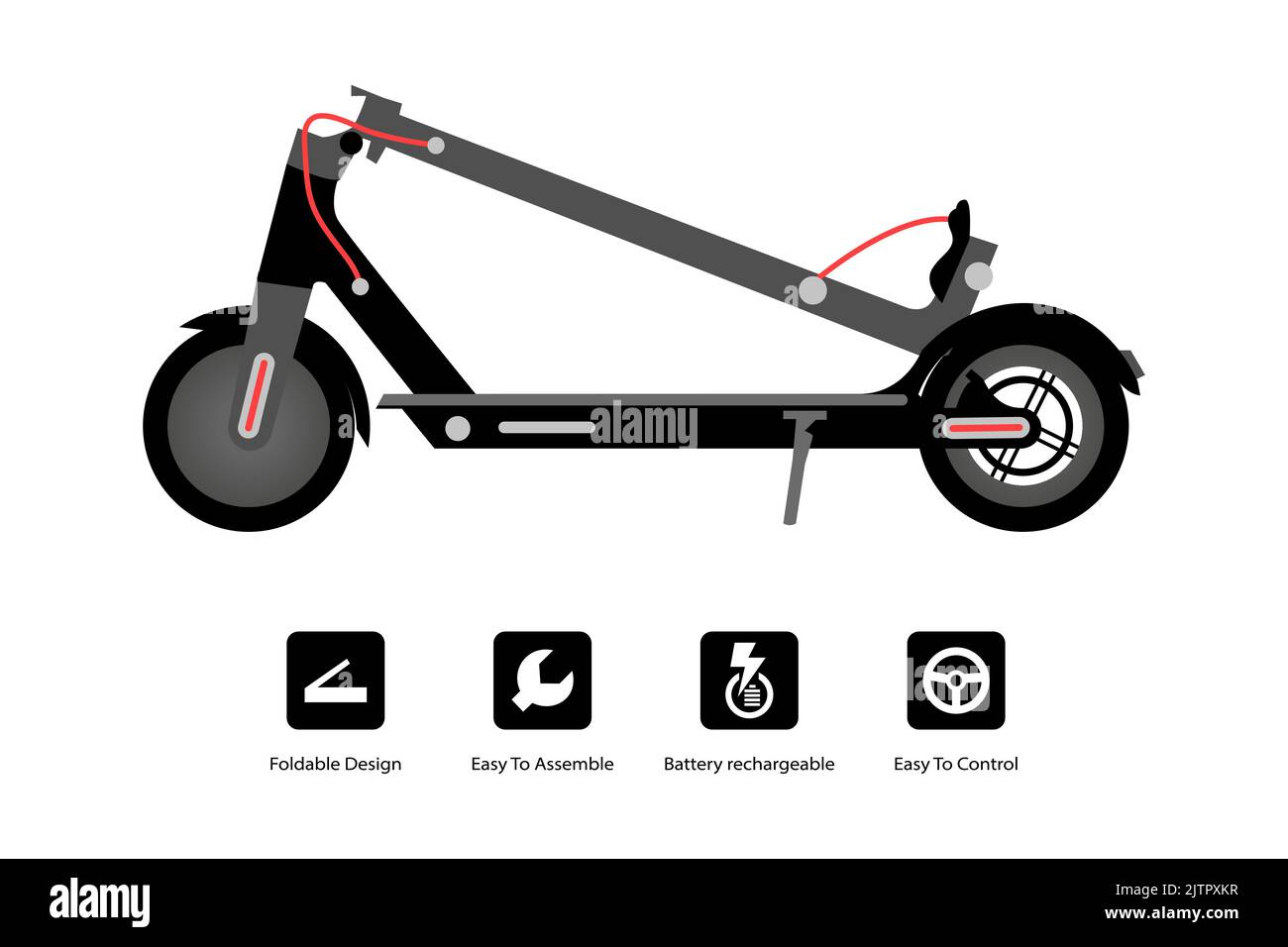 Folding Electric Scooter Isolated on White. Modern   Fold for Commute & Travel. Electric Vehicle. illustration - Vector. Stock Vector