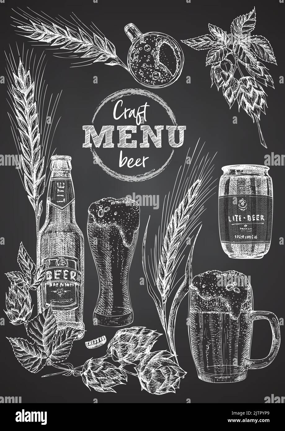 Set hand drawn sketch bottle and glasses beer, hop, wheat Vintage design bar, restaurant, cafe menu on black chalk board background. Graphic vector Stock Vector