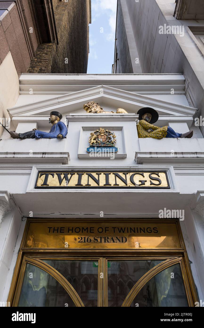 The decorative Chinese influenced pediment above the entrance to the Twinings Tea Shop and Emporium on The Strand, London, England, UK Stock Photo