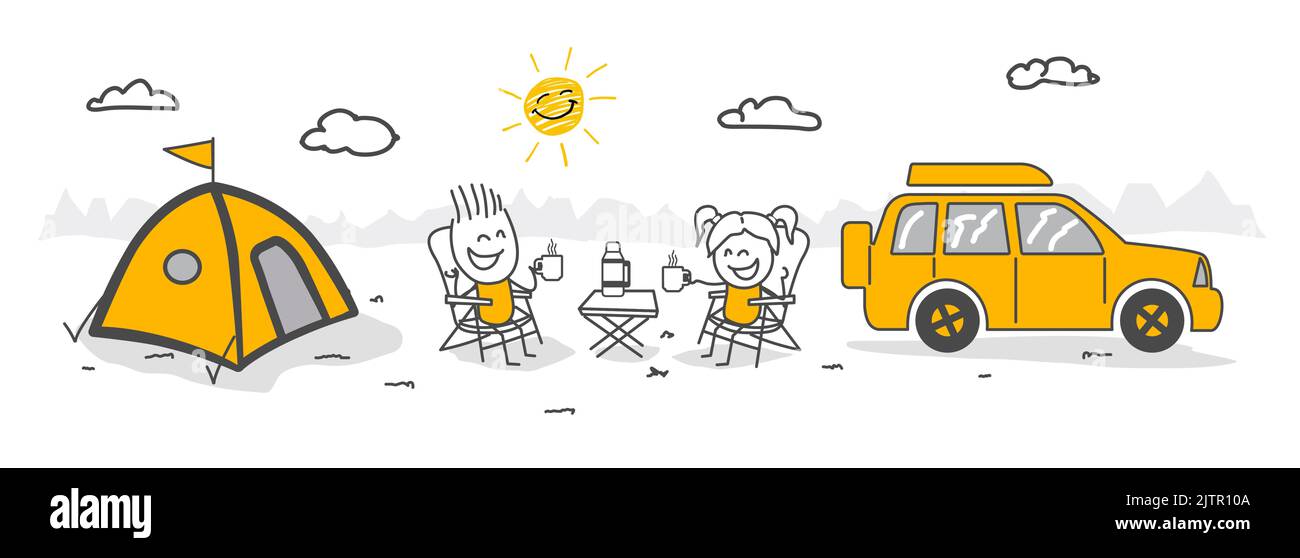 Stick figures. Travelers couple camping tent vector illustration design