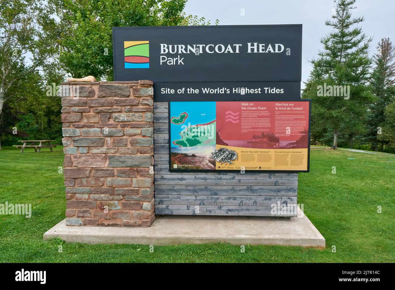 Sign at the entrance to Burntcoat Park Head Park in East Hants near Noel Nova Scotia.  This area on the Bay of Fundy has the worl's highest tides. Stock Photo