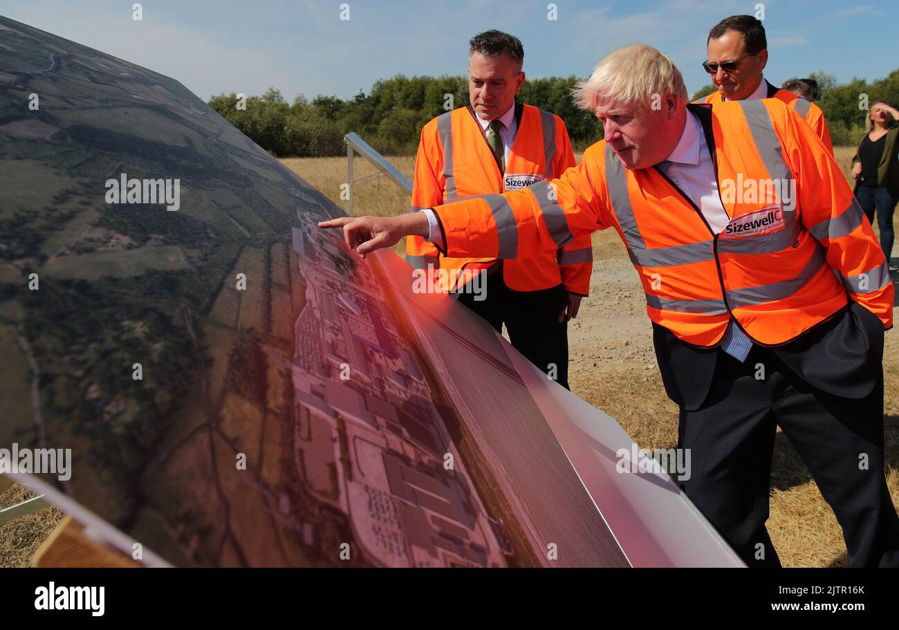 Prime Minister Boris Johnson (right) looks at plans for the Sizewell C nuclear power station project, during his visit to EDF's Sizewell B Nuclear power station in Suffolk. Picture date: Thursday September 1, 2022. Stock Photo