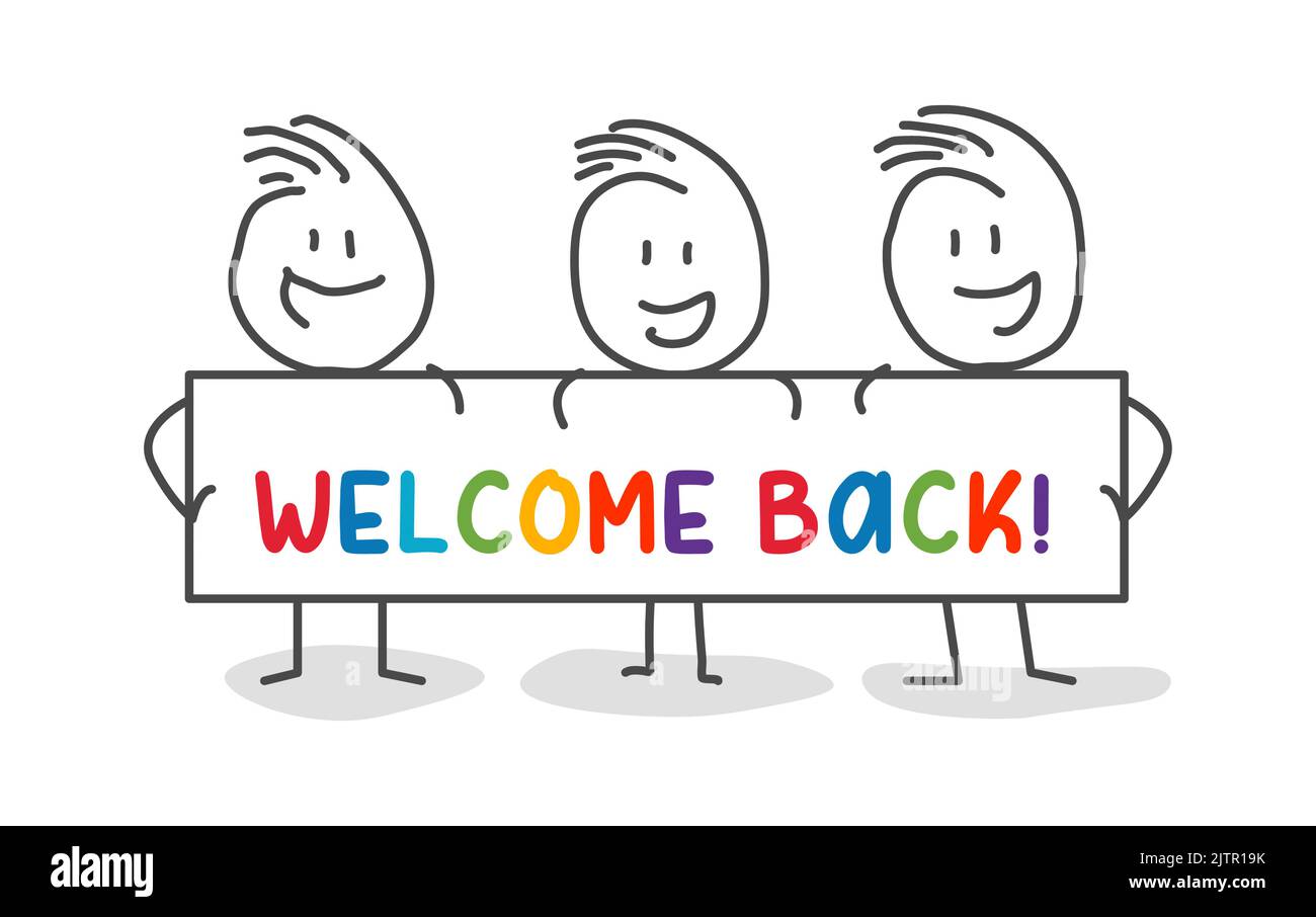 Stick figures. Group of smiling holding colorful letters. Vector banner