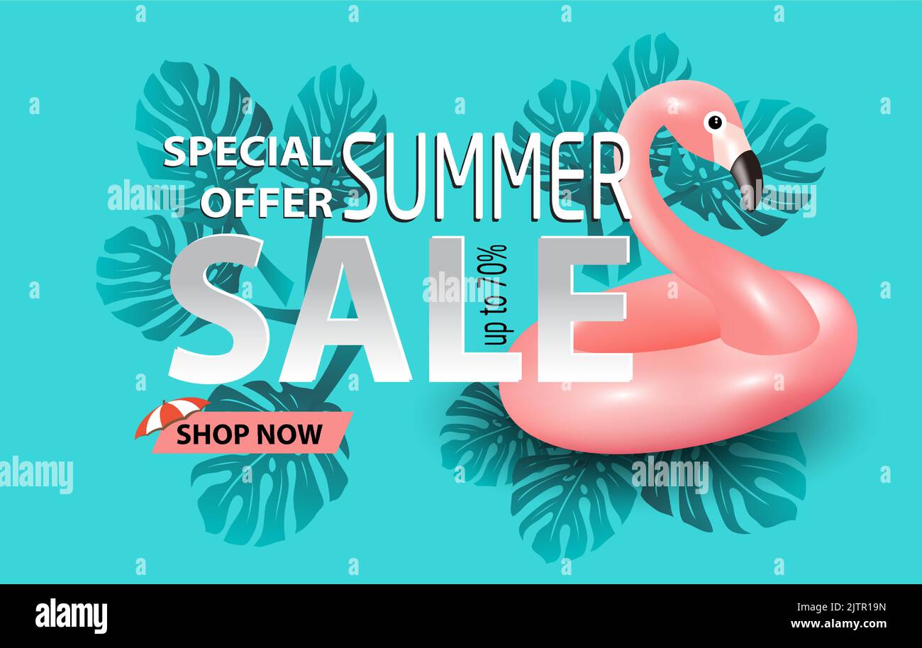Summer sale banner with flamingo and tropical leaves background, exotic ...