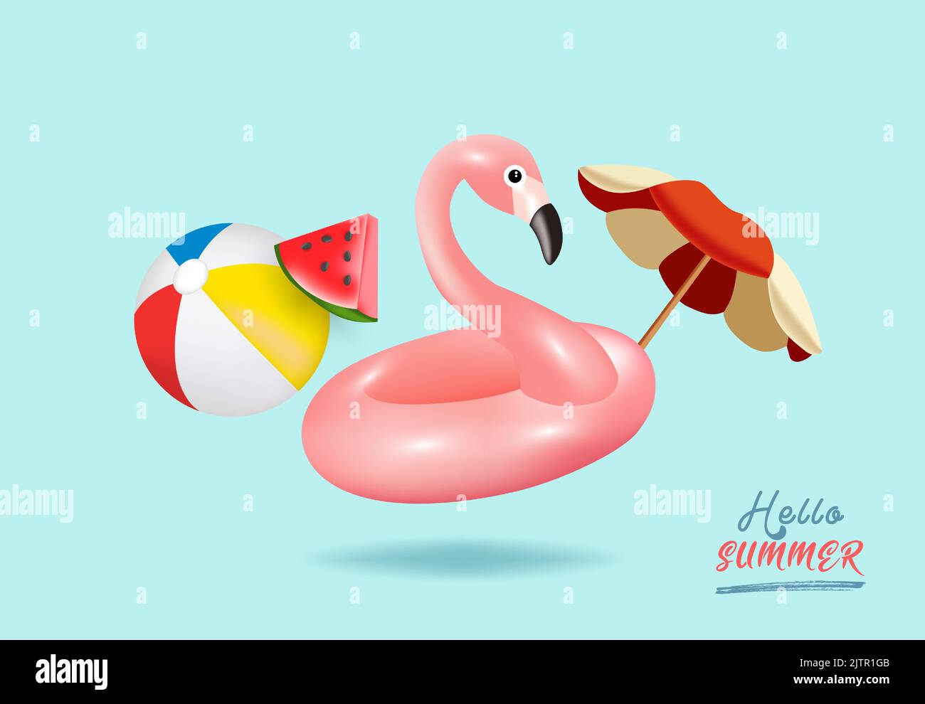 Hello summer background. Flamingo inflatable toy, watermelon, beach