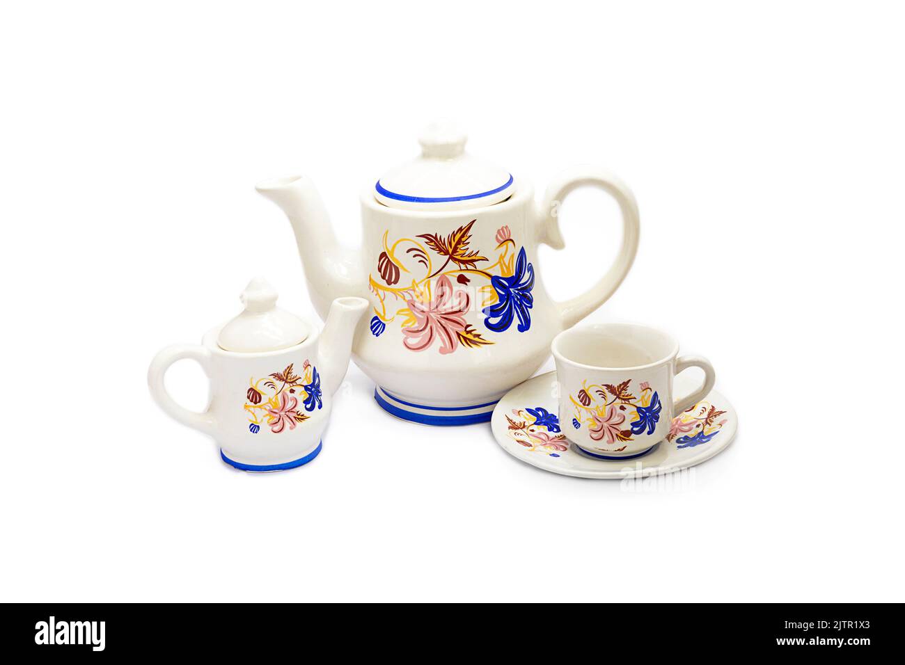 floral teapot, tea kettle, porcelain teapot with beautiful floral pattern on white background Stock Photo