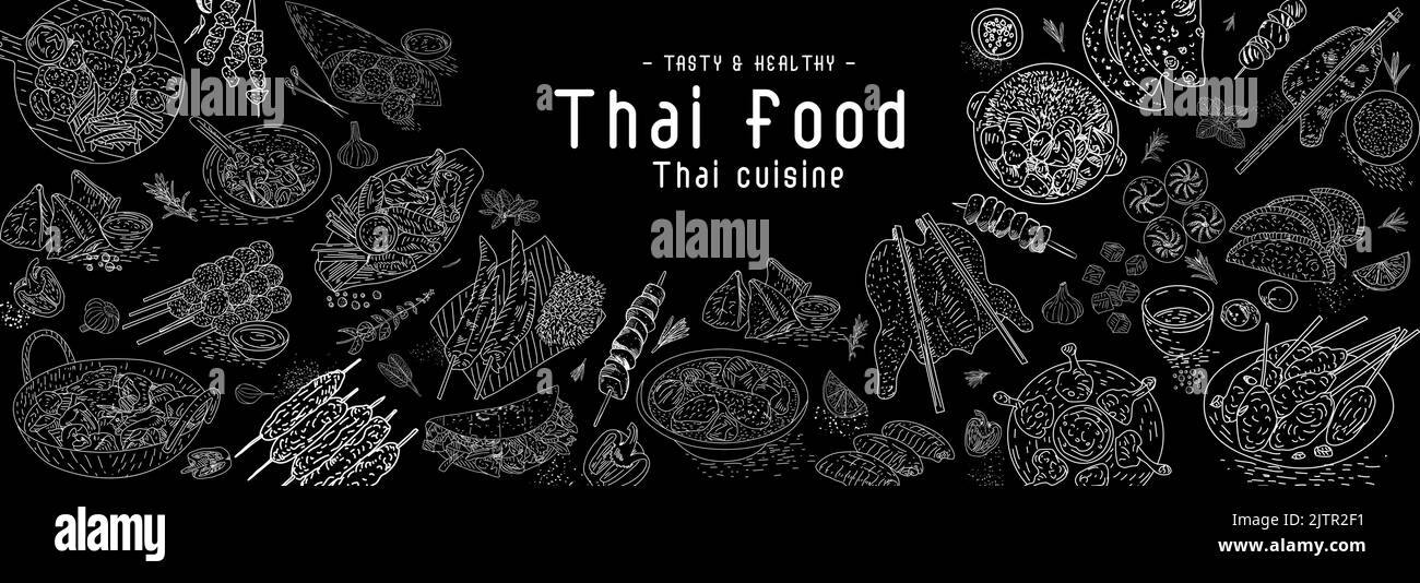 Thai food menu restaurant. Thai food sketch menu. Asian food background