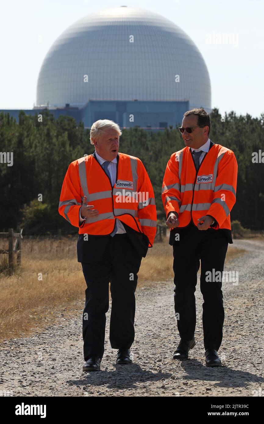 Prime Minister Boris Johnson (left) during a visit to EDF's Sizewell B nuclear power station in Suffolk. Picture date: Thursday September 1, 2022. Stock Photo
