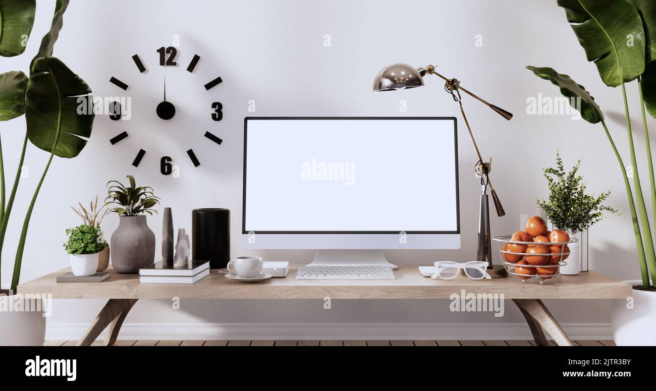 Mock up office table desk. blank computer screen in office modern room ...