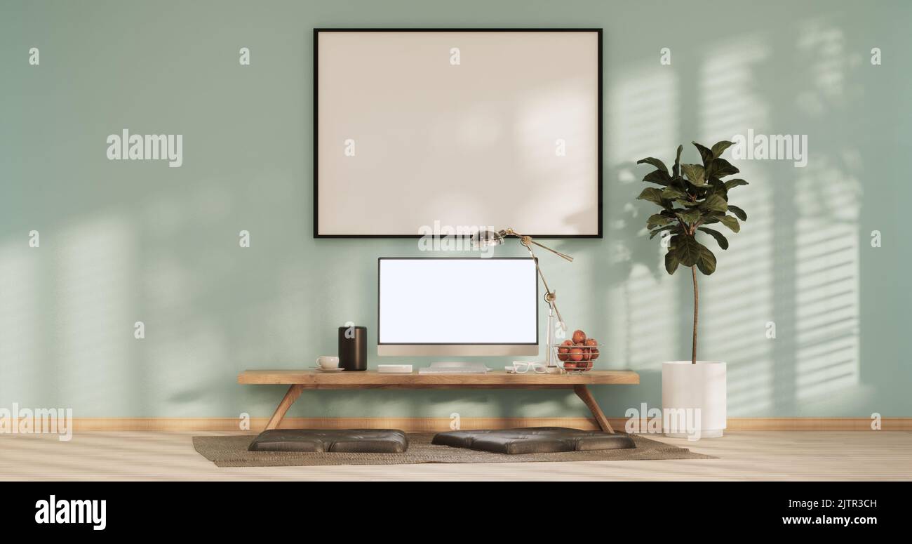 Light blue Living room has decorated with lamps and plants trees .3d