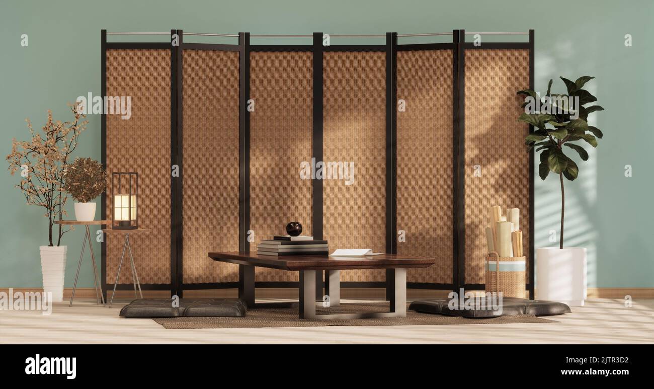 Light blue Living room has decorated with lamps and plants trees .3d